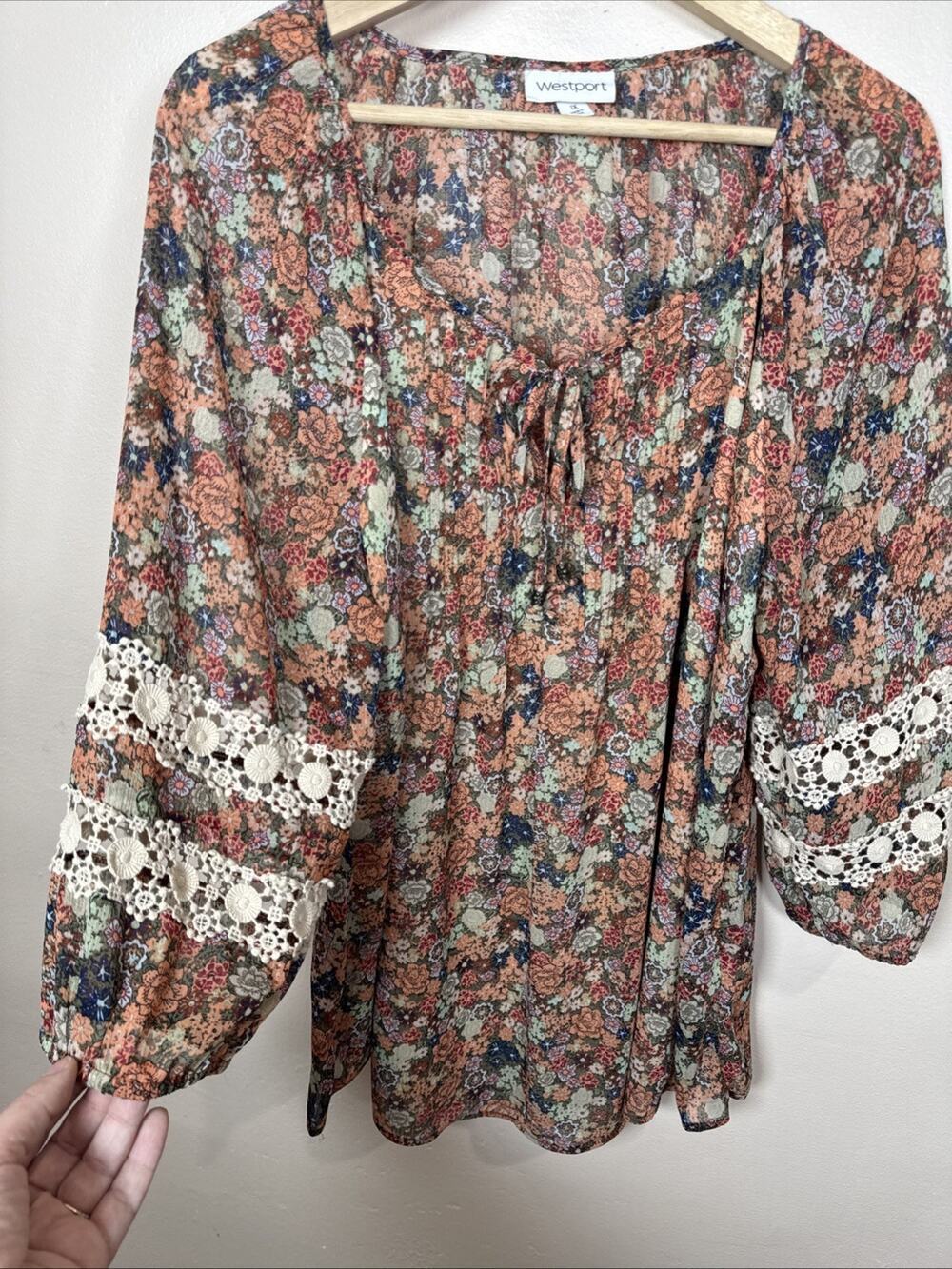 Westport Womens Plus Size Peasant Blouse Top 1X Crochet Floral Boho Hippie